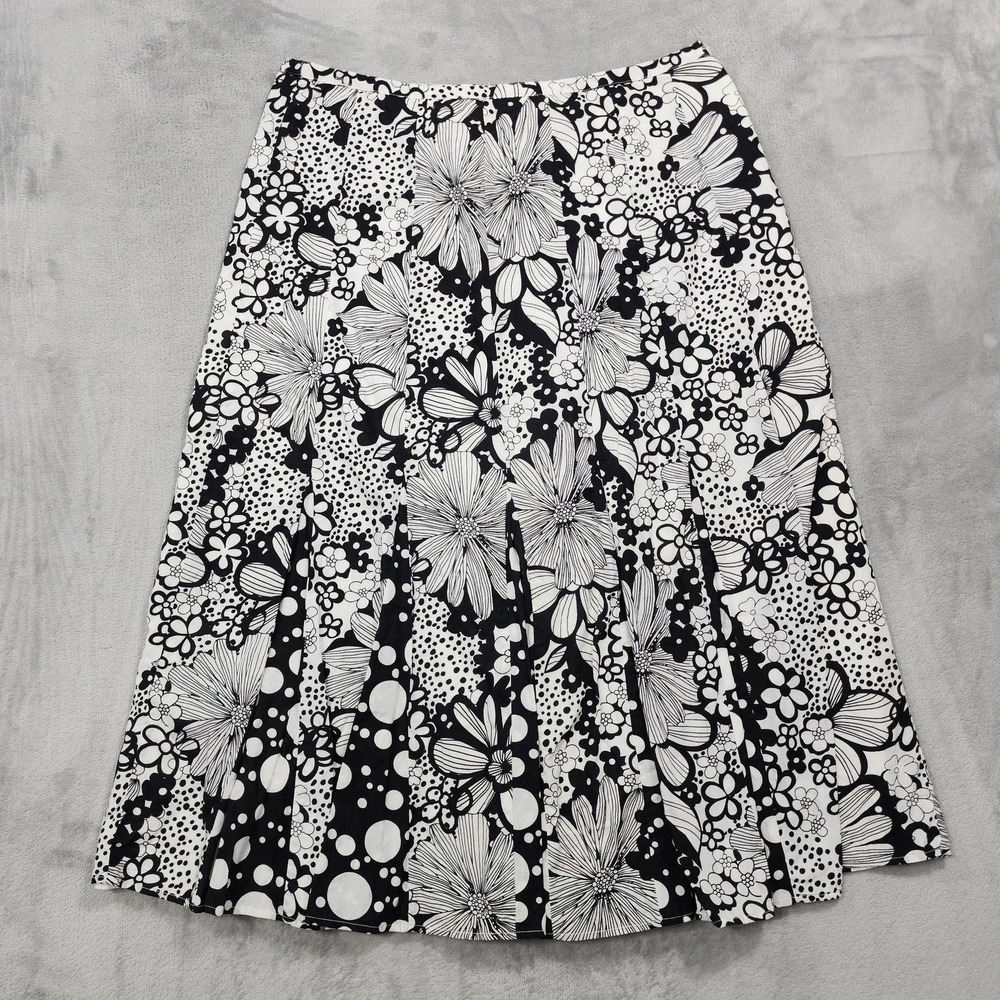 Vintage JM Collection Skirt Womens 10 Black White Floral Pleated A-Line Midi
